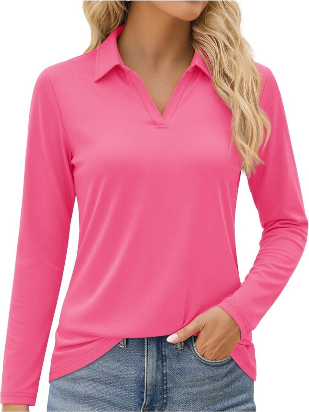 Women's Rose Red V Neck UPF 50+ Long Sleeve Polo Shirt Quick Dry Workout Tops
